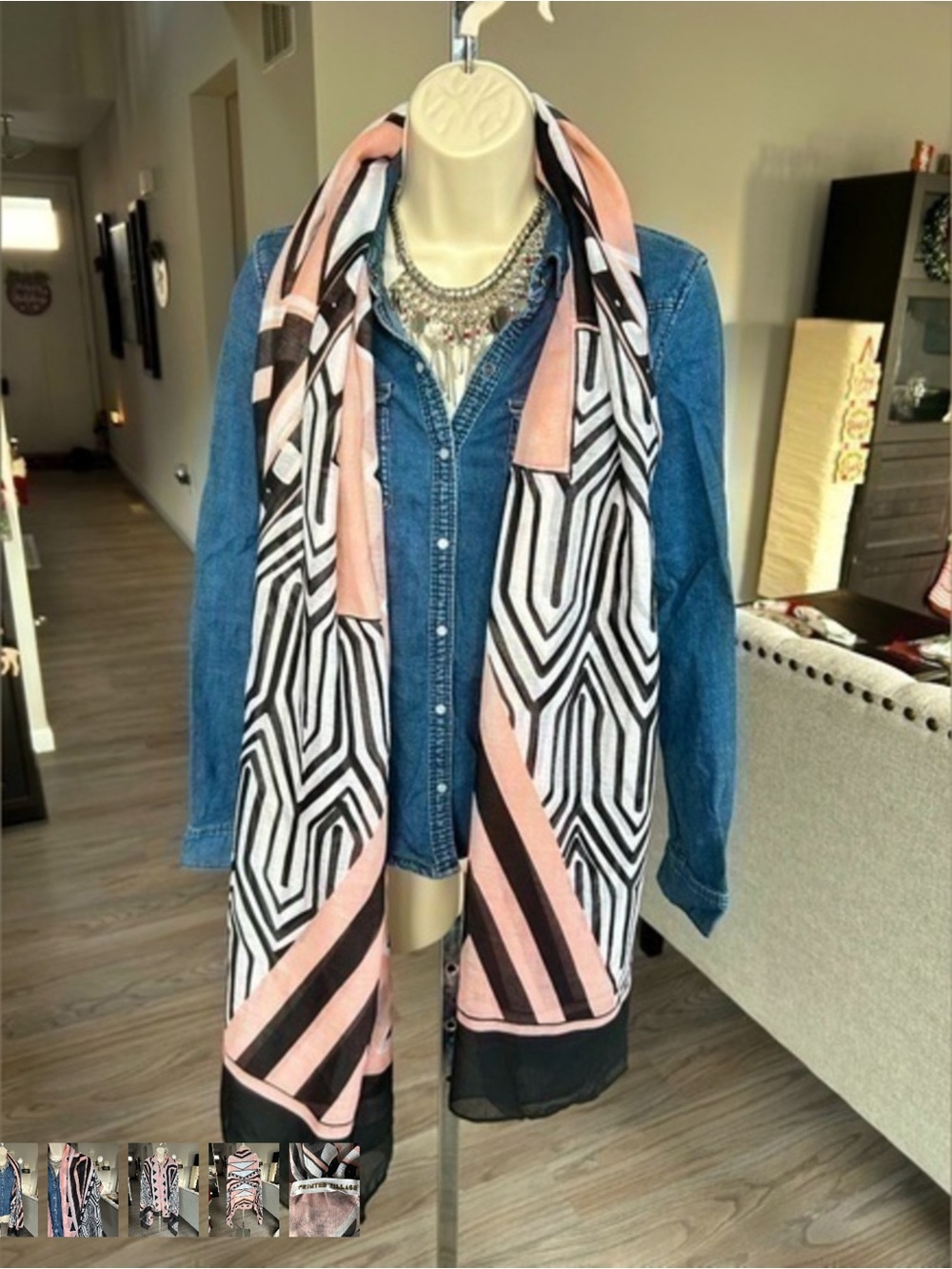 ✨Geometric Pink & Black Patterned Scarf Wrap